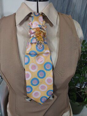 Statement Necktie Necklace with Handcrafted Brooch